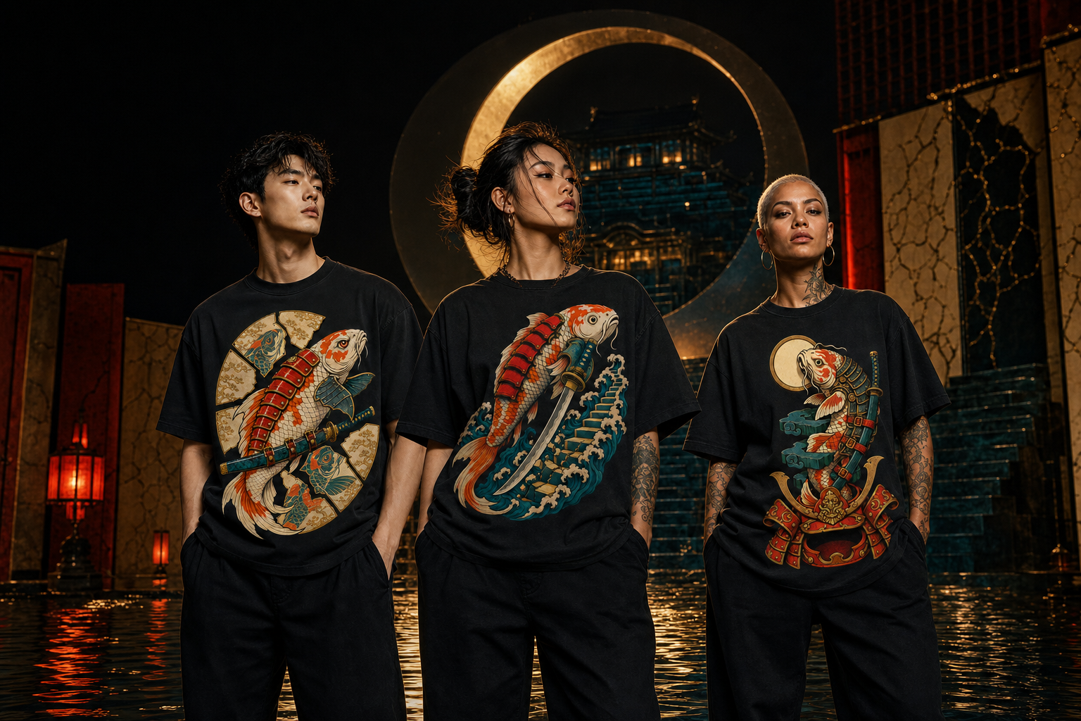 Three models wearing Koi Shogunate surrealist lacquer-screenprint graphic tees in a flooded moonlit citadel