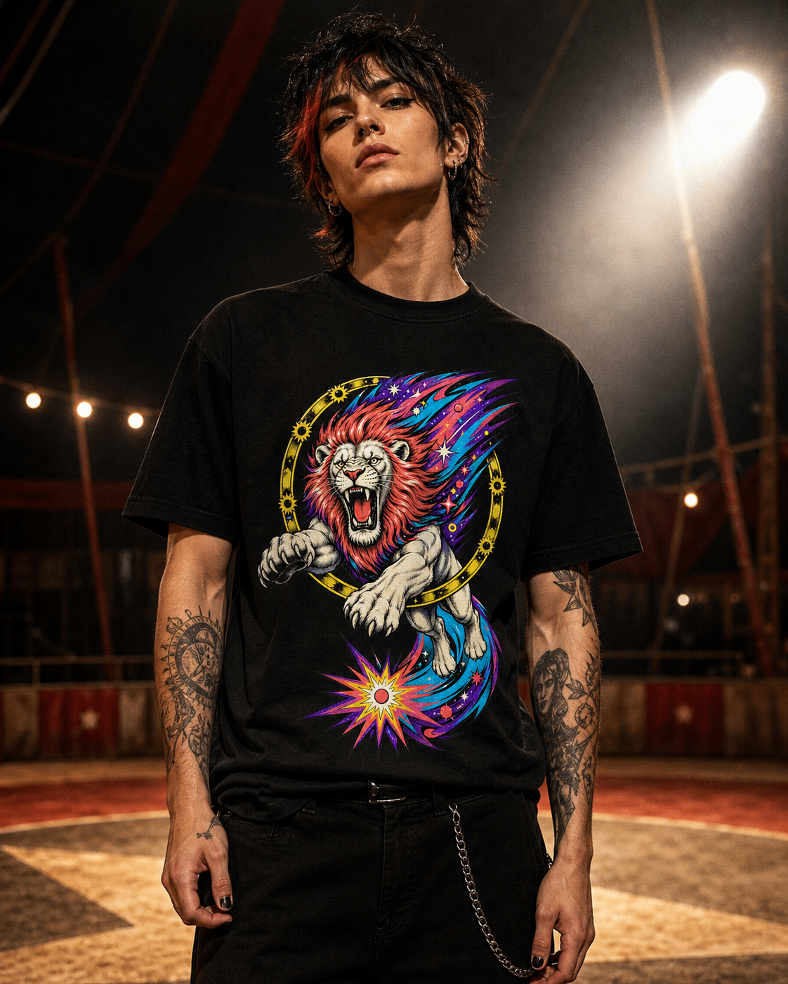 Comet Mane Lion Cosmic Sideshow Graphic Tee worn on a Black tee in the Drop 1 - Cosmic Sideshow campaign