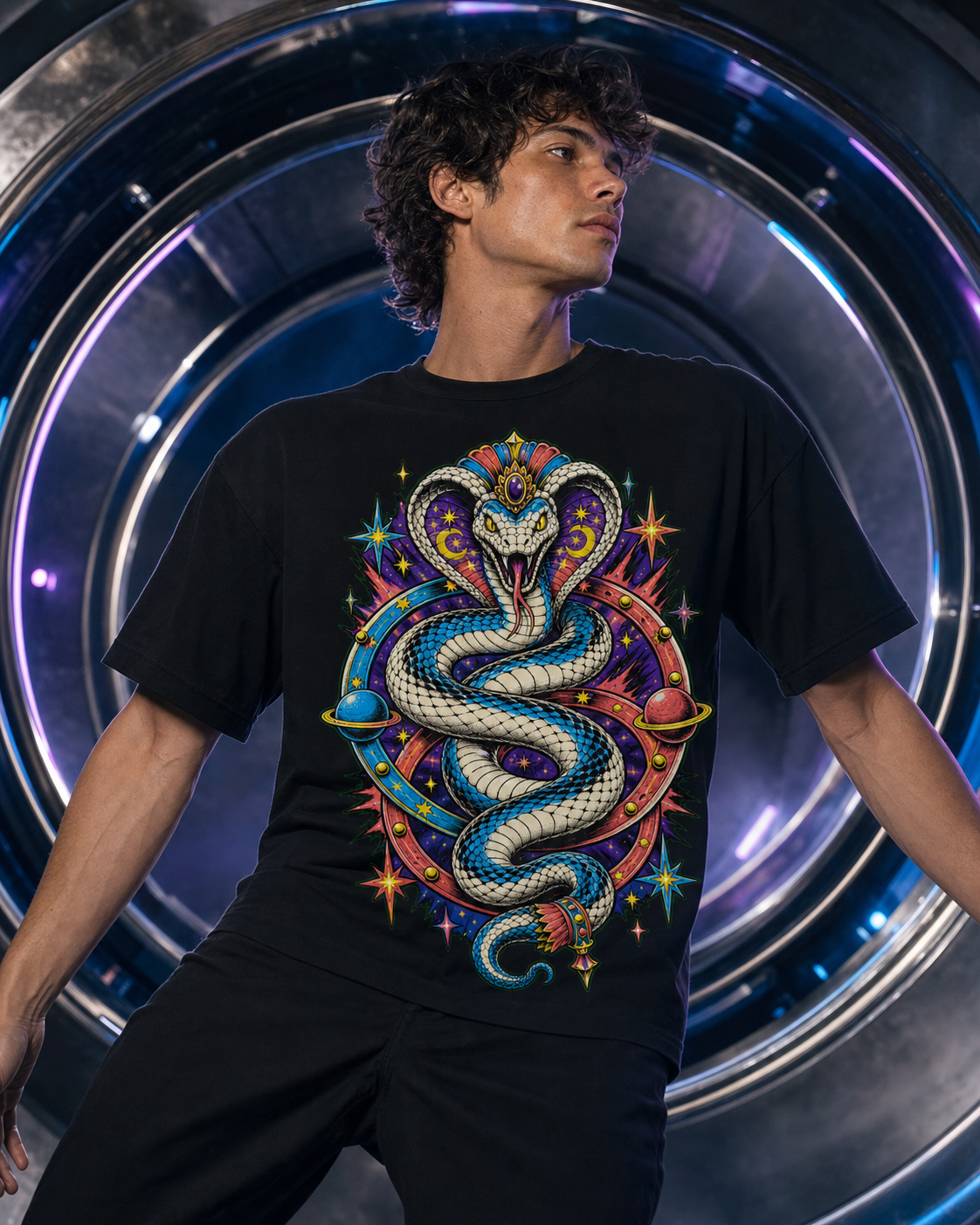 Zero-G Cobra Contortionist Cosmic Sideshow Graphic Tee worn on a Black tee in the Drop 1 - Cosmic Sideshow campaign