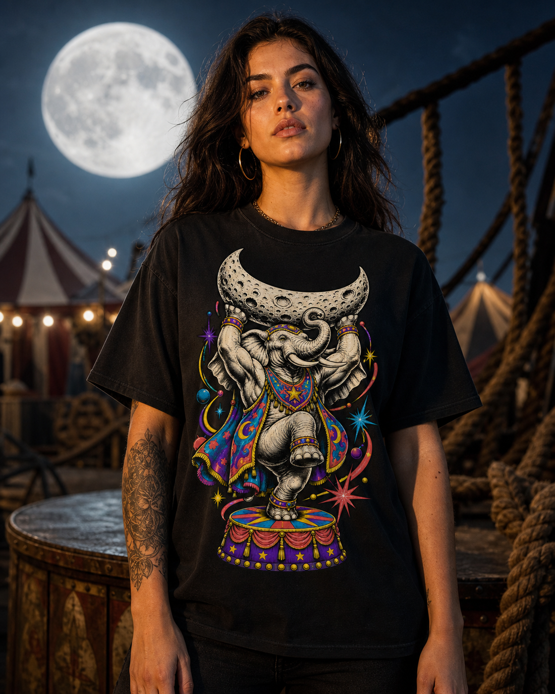 Moonlift Elephant Cosmic Sideshow Graphic Tee worn on a Black tee in the Drop 1 - Cosmic Sideshow campaign