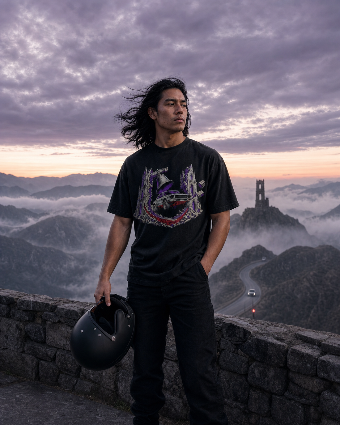 Bell Tower Rally Gothic Car Graphic Tee worn on a Black tee in the Drop 2 - Cathedral Circuit campaign