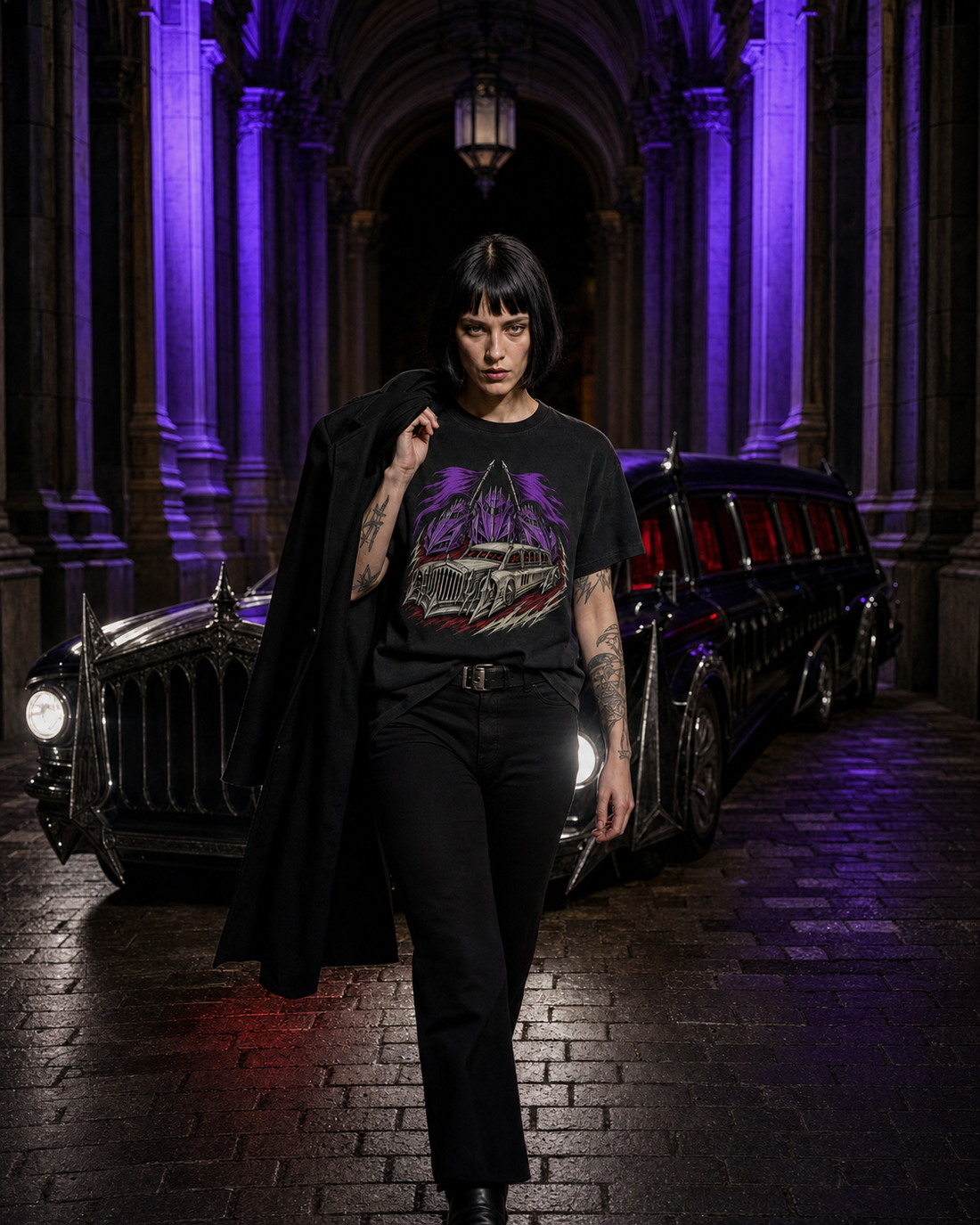 Black Procession Gothic Hearse Racing Graphic Tee worn on a Black tee in the Drop 2 - Cathedral Circuit campaign