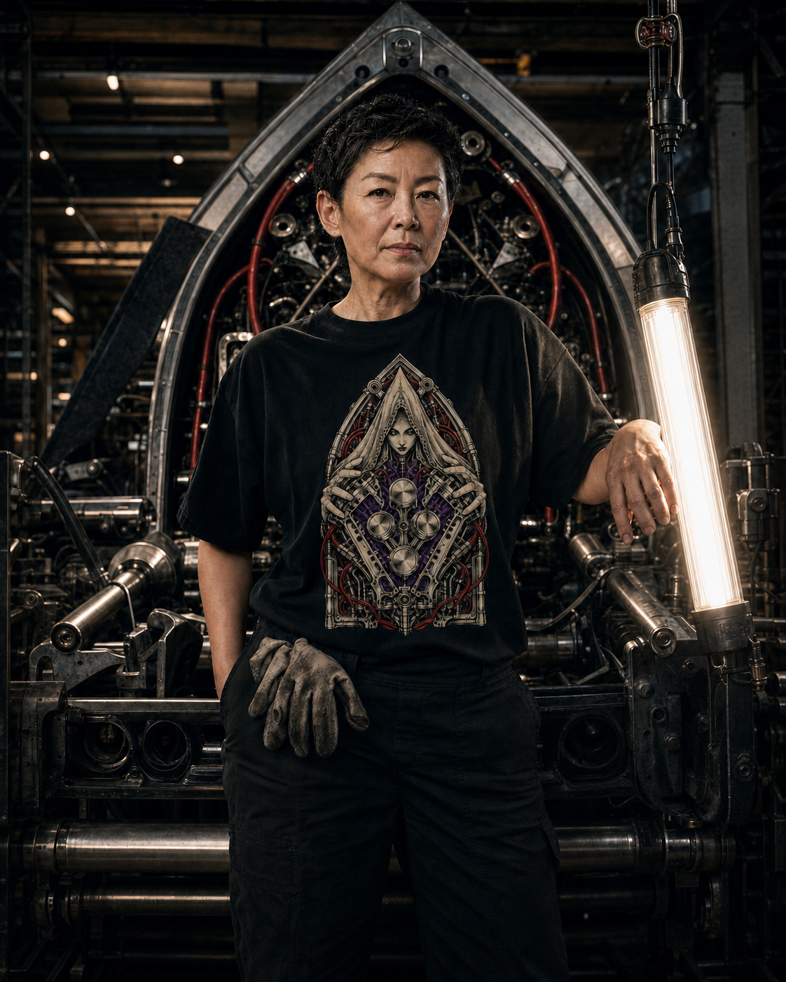 Pit Oracle Gothic Mechanic Graphic Tee worn on a Black tee in the Drop 2 - Cathedral Circuit campaign