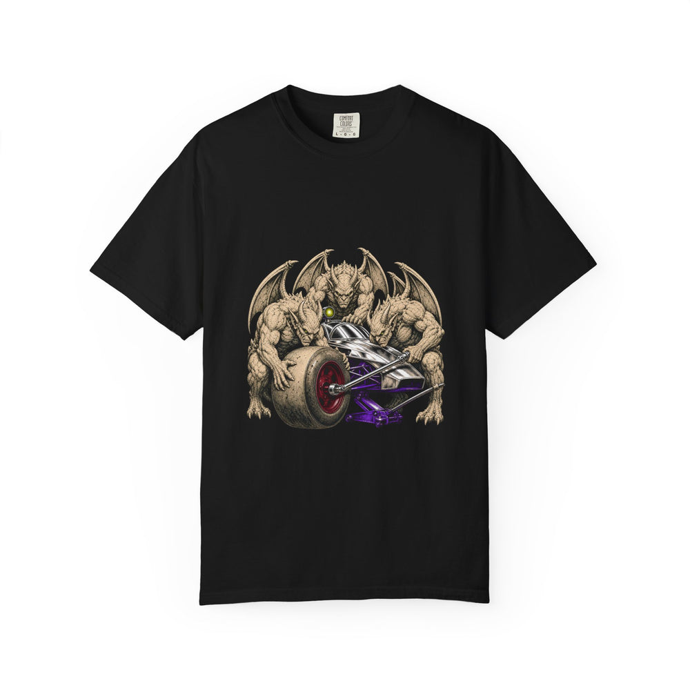 Gargoyle Pit Stop Gothic Racing Graphic Tee graphic on a Black tee