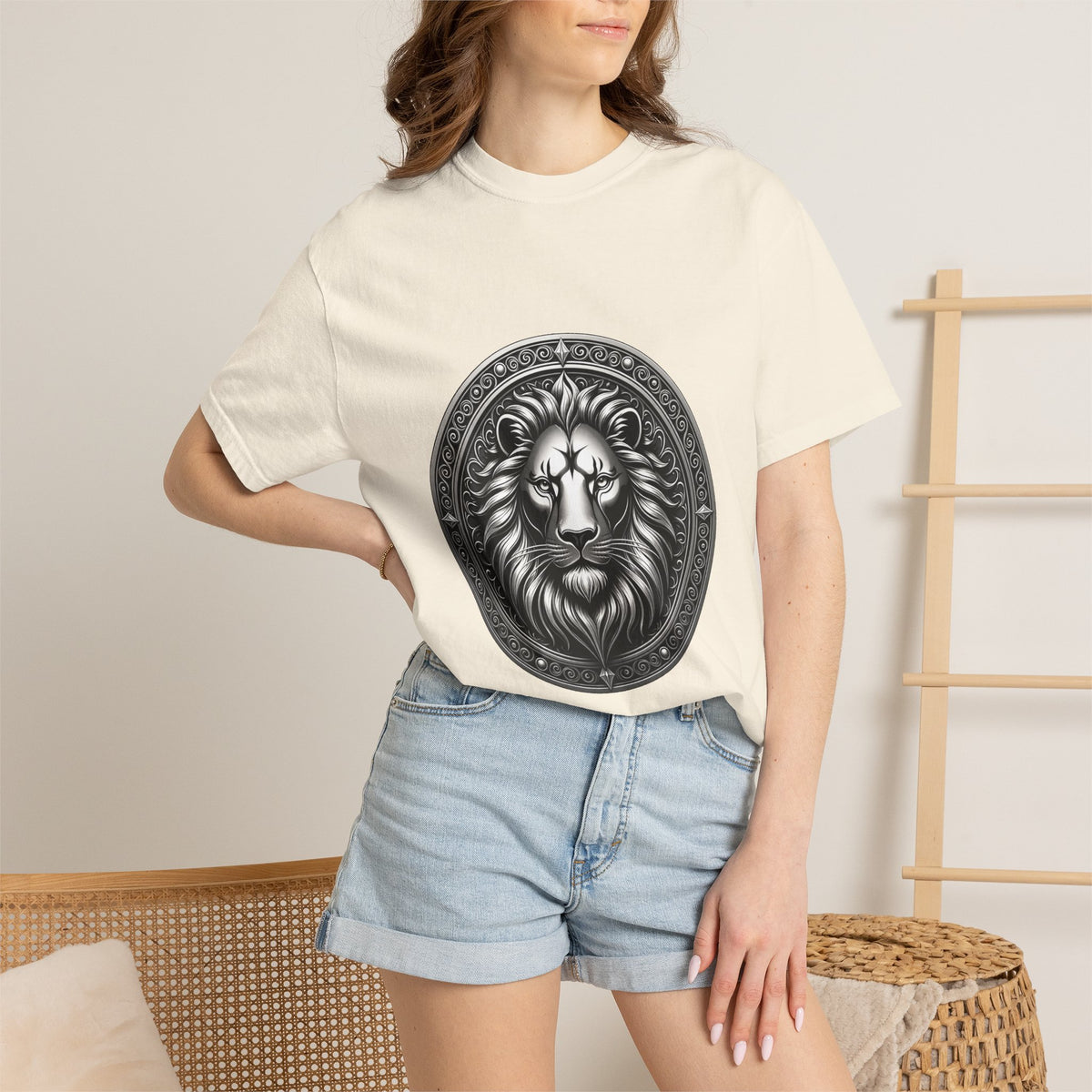Ornate Lion Crest Monochrome T-Shirt Graphic