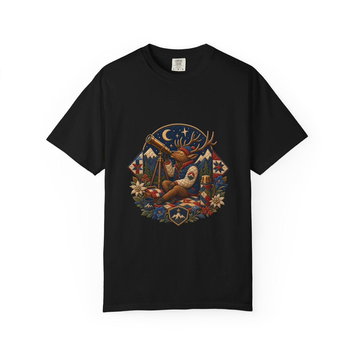 Quilted Alpine Telescope Elk T-Shirt Graphic