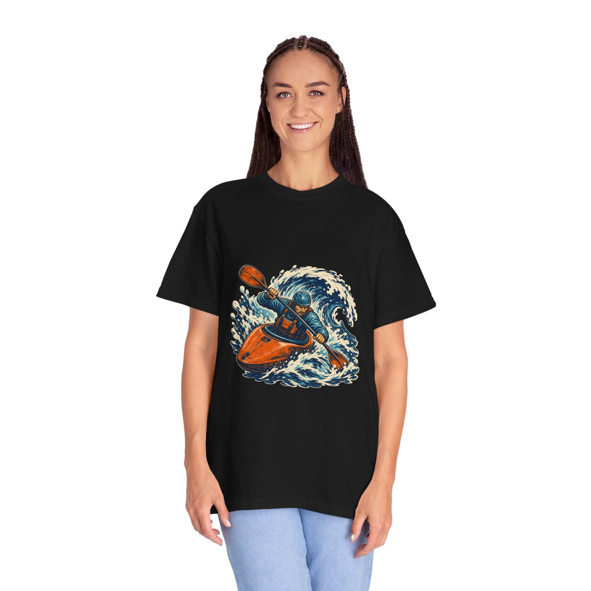 Whitewater Kayak Rapid Linocut Graphic Tee