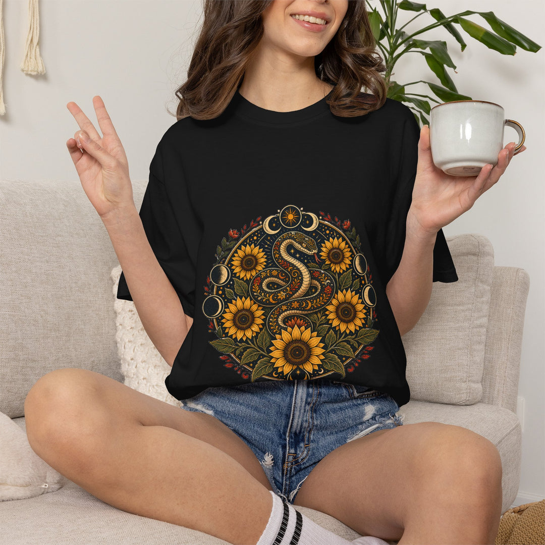 Sunflower Serpent Folk Mandala T-Shirt Graphic