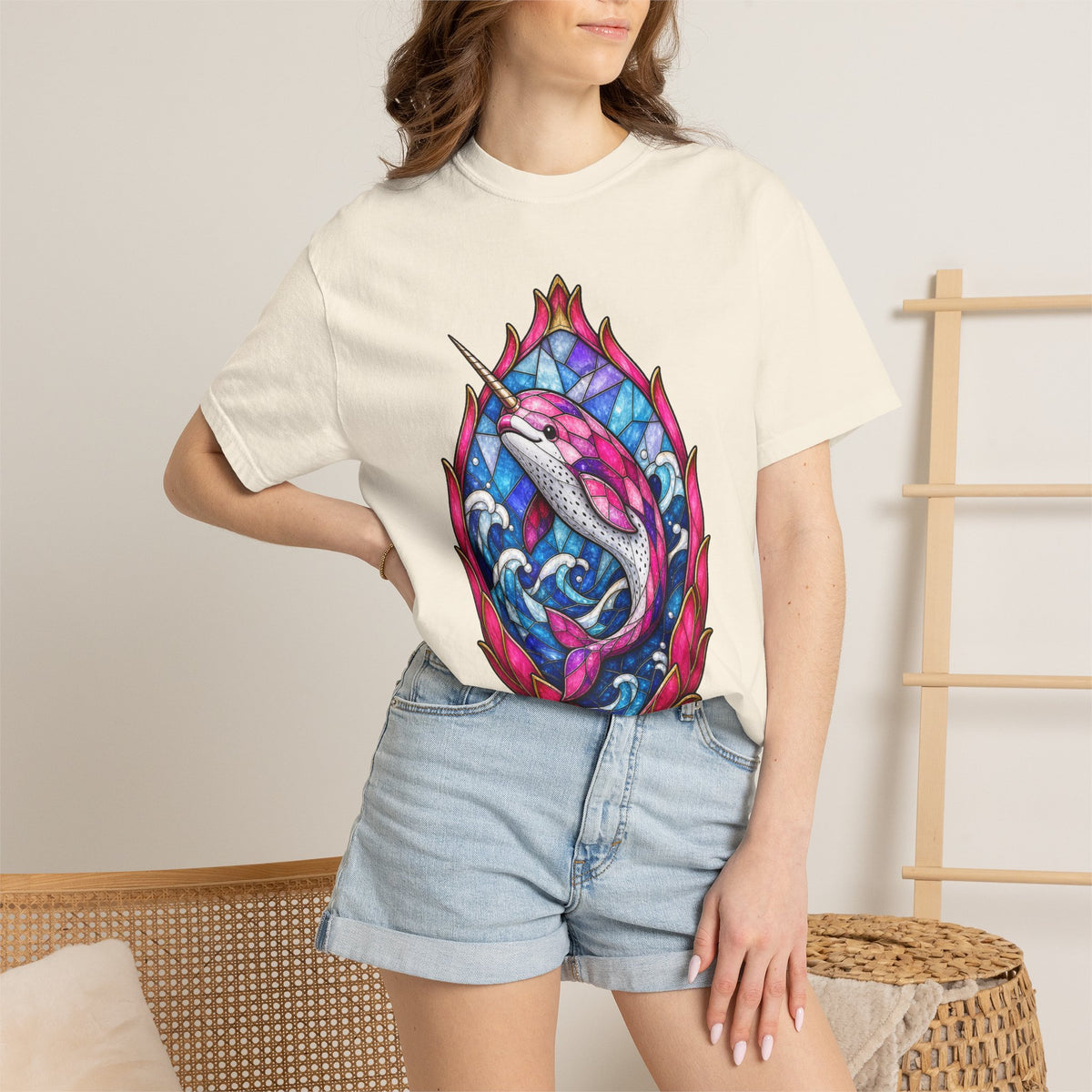 Stained Glass Dragonfruit Narwhal Graphic Tee