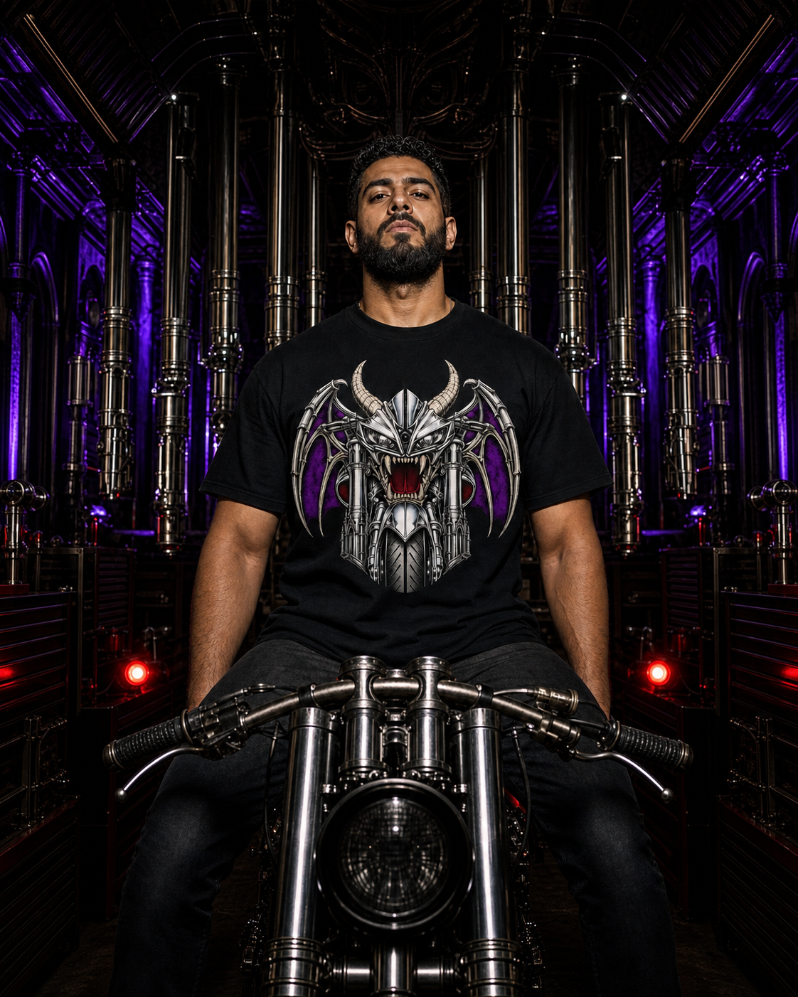 Chrome Chimera Gothic Motorcycle Graphic Tee worn on a Black tee in the Drop 2 - Cathedral Circuit campaign
