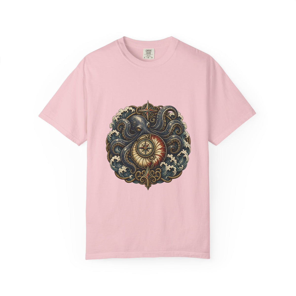 Woodcut Kraken Compass Shell T-Shirt Graphic
