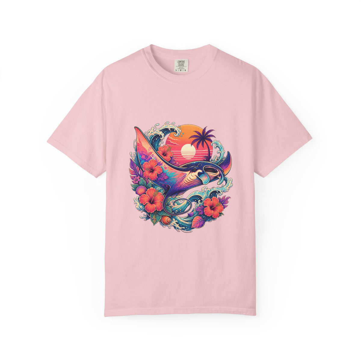 Vaporwave Hibiscus Manta Ray Graphic T-Shirt