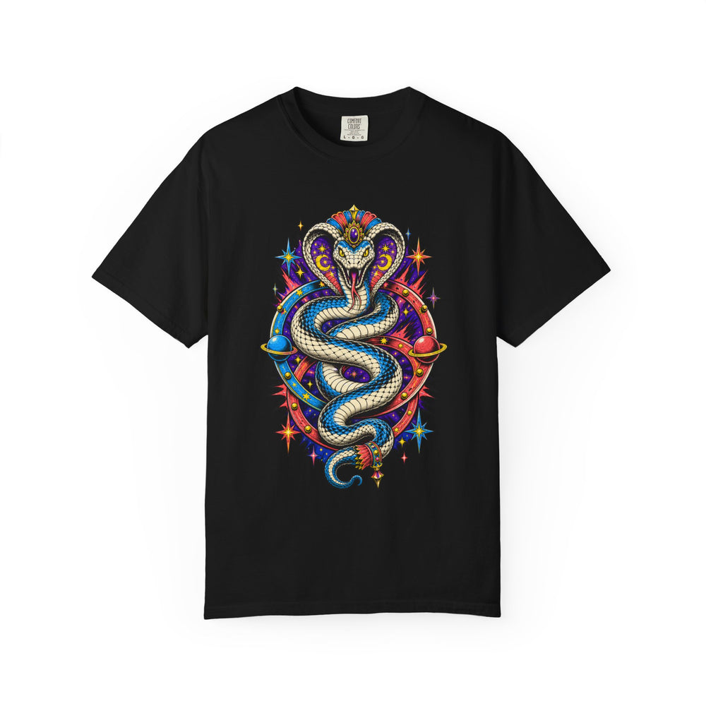 Zero-G Cobra Contortionist Cosmic Sideshow Graphic Tee graphic on a Black tee