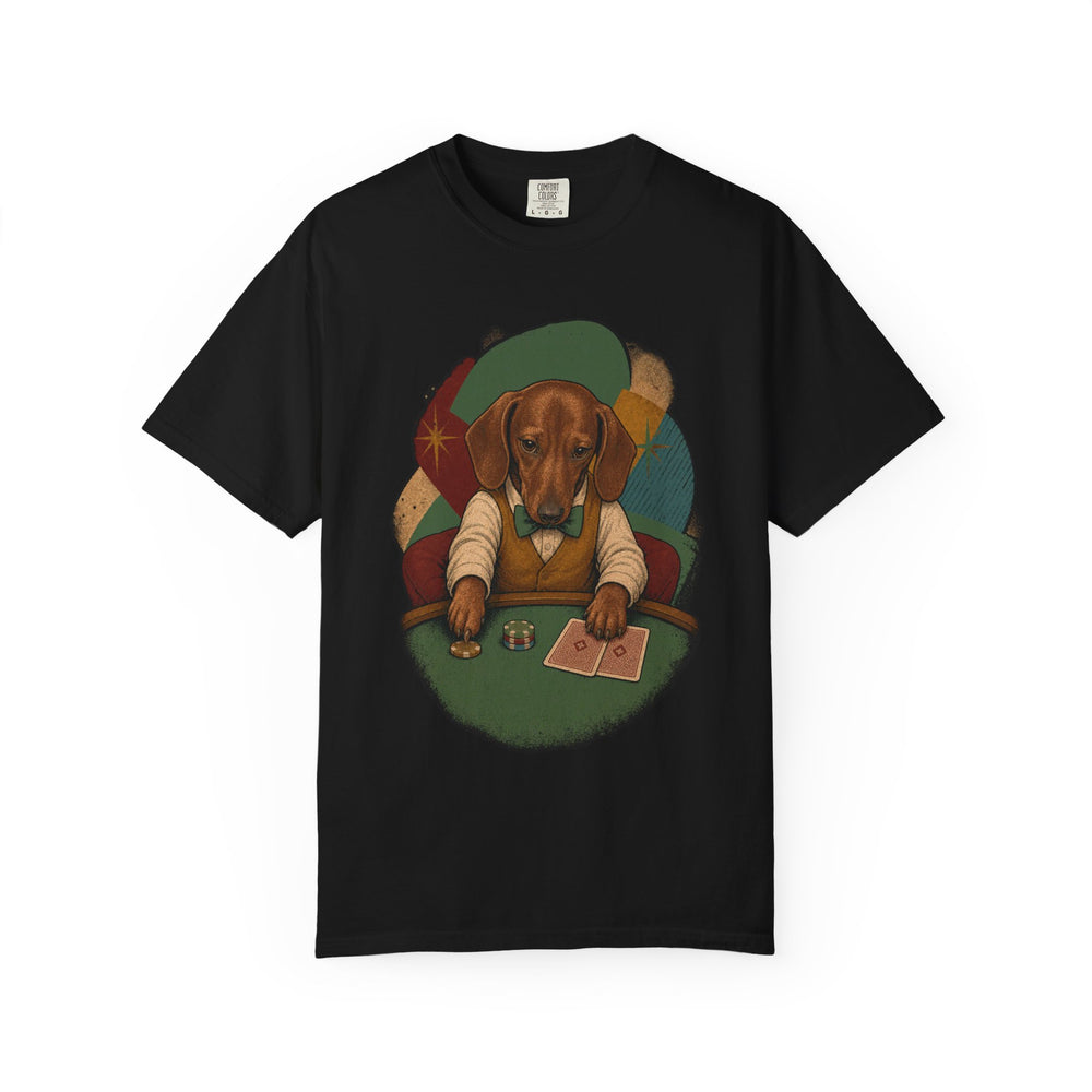 Dachshund Short Stack graphic on a Black tee