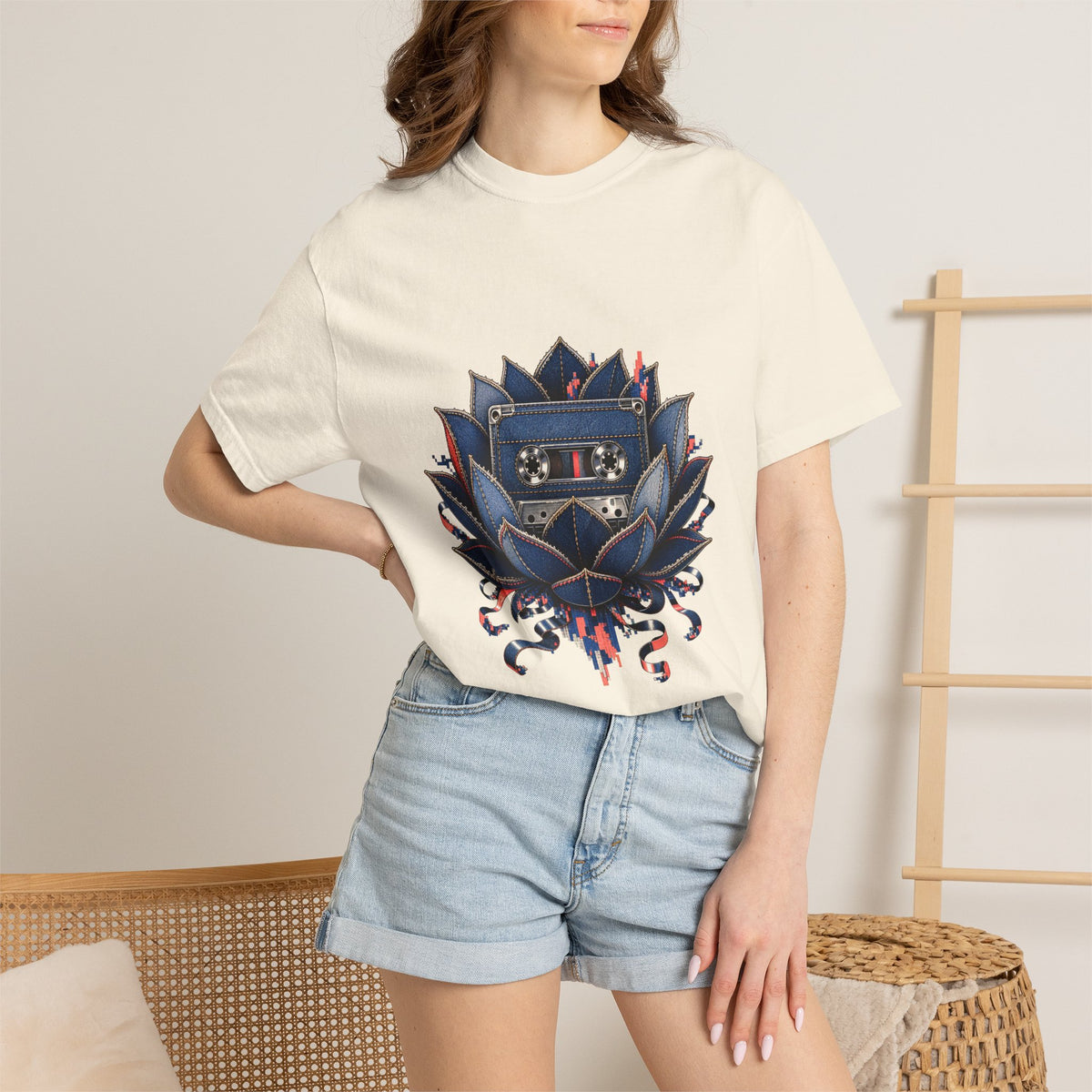 Glitch Denim Cassette Lotus Graphic Tee