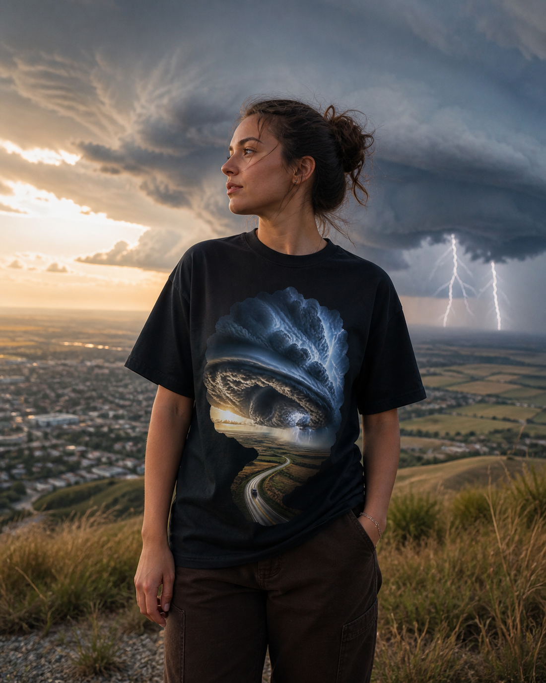 Eye of the Supercell worn on a Black tee in the Drop 10 - Storm Chasers campaign