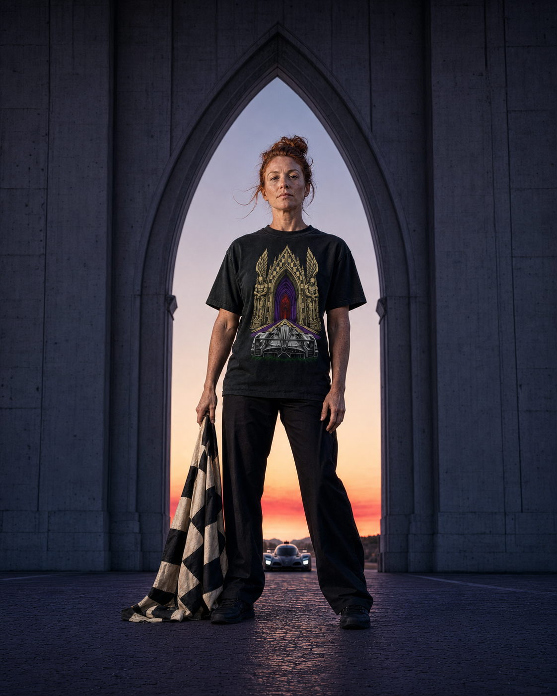 Last Checkered Gate Gothic Endurance Racing Graphic Tee worn on a Black tee in the Drop 2 - Cathedral Circuit campaign