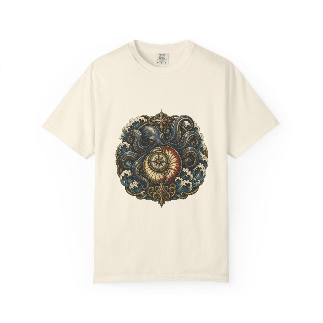 Woodcut Kraken Compass Shell T-Shirt Graphic