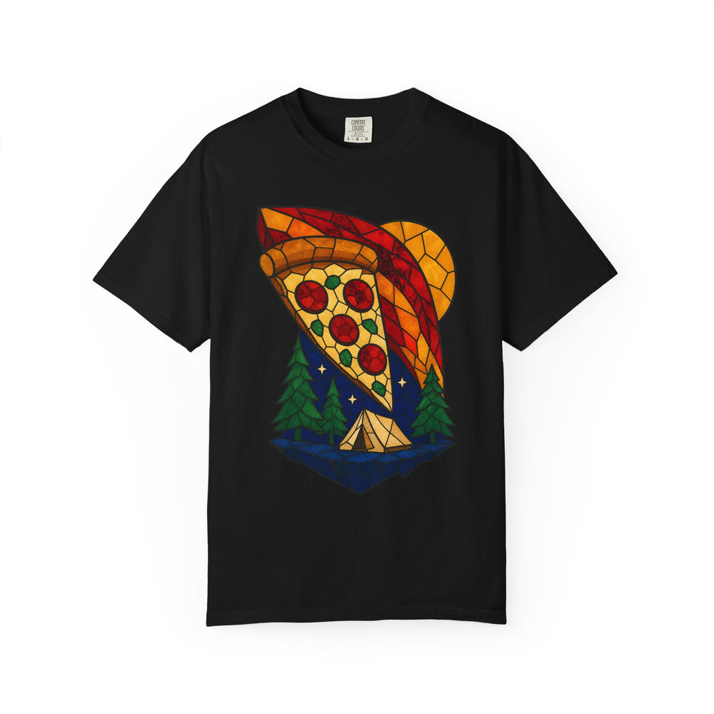 Pizza Meteor Camp Stained Glass Adventure Graphic Tee graphic on a Black tee