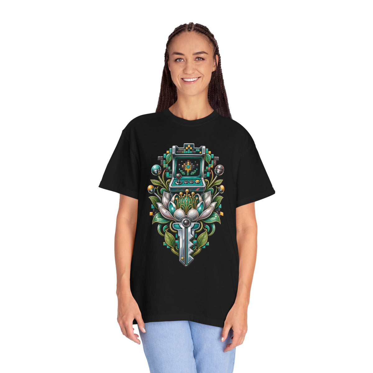 Retro-Futurist Botanical Arcade Key T-Shirt Graphic