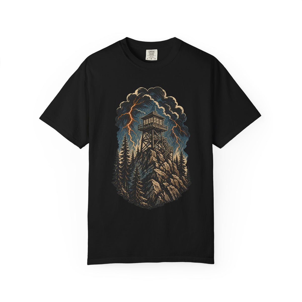 Storm Fire Lookout Linocut Graphic Tee