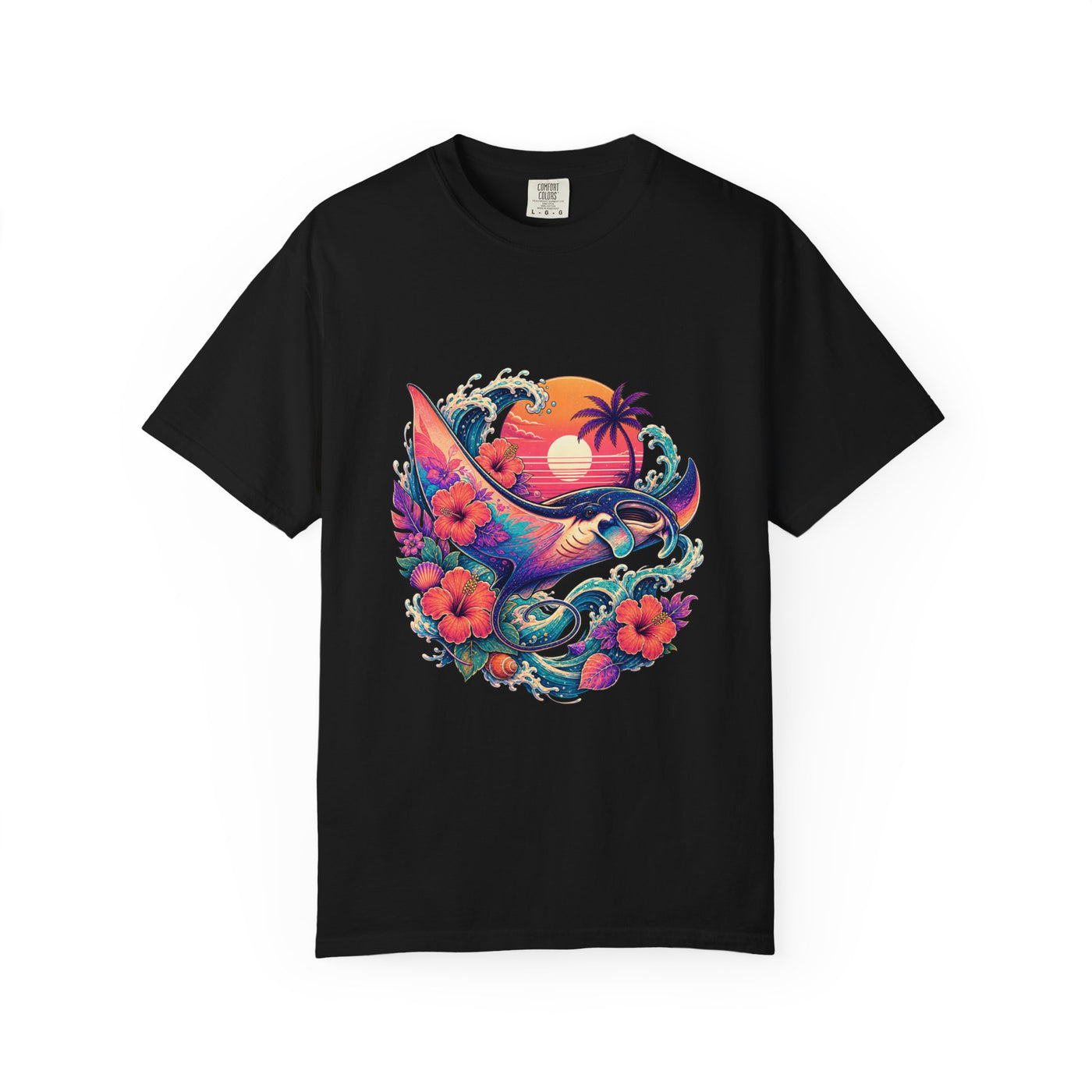 Vaporwave Hibiscus Manta Ray Graphic T-Shirt