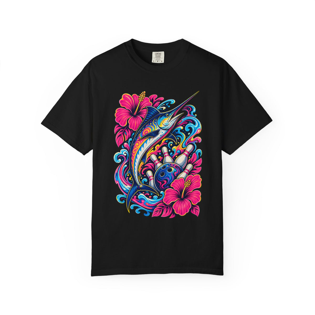 Psychedelic Hibiscus Bowling Swordfish T-Shirt Graphic