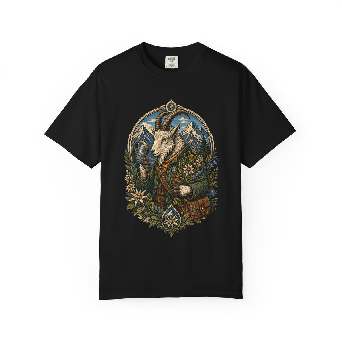 Woodcut Mountain Goat Botanist T-Shirt Graphic