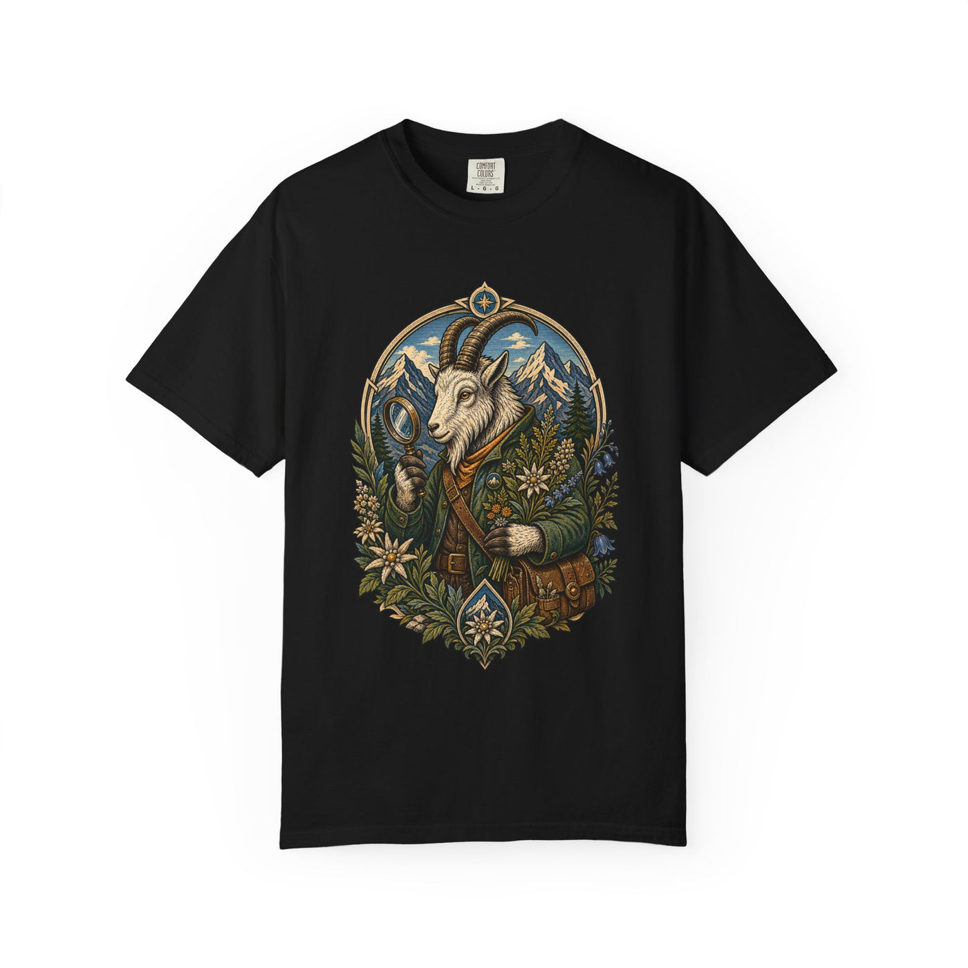 Woodcut Mountain Goat Botanist T-Shirt Graphic