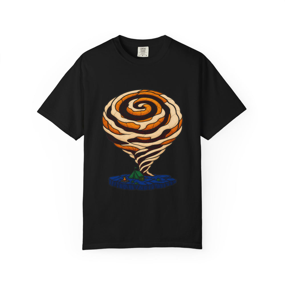Cinnamon Roll Cyclone Stained Glass Adventure Graphic Tee graphic on a Black tee