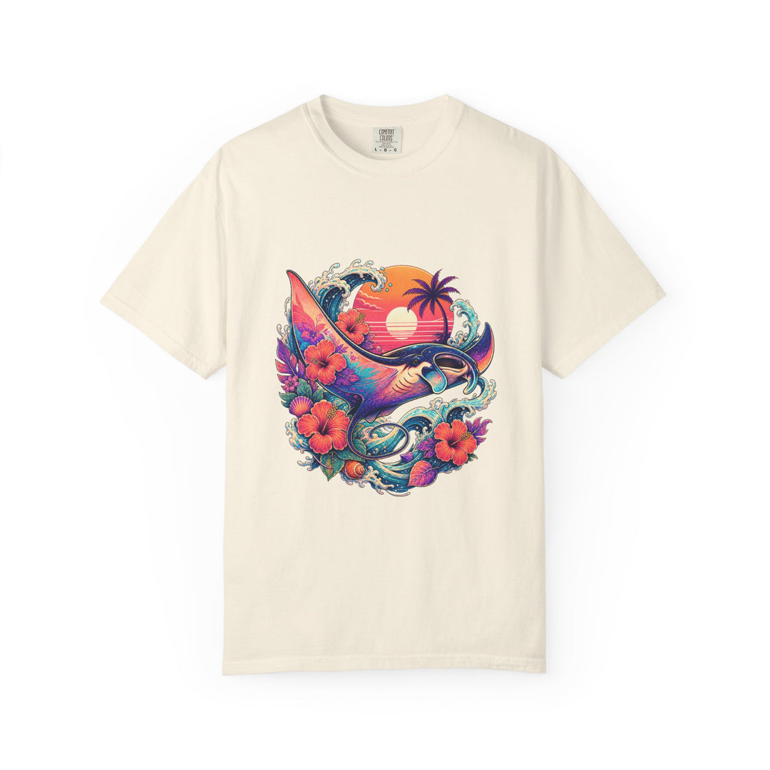 Vaporwave Hibiscus Manta Ray Graphic T-Shirt