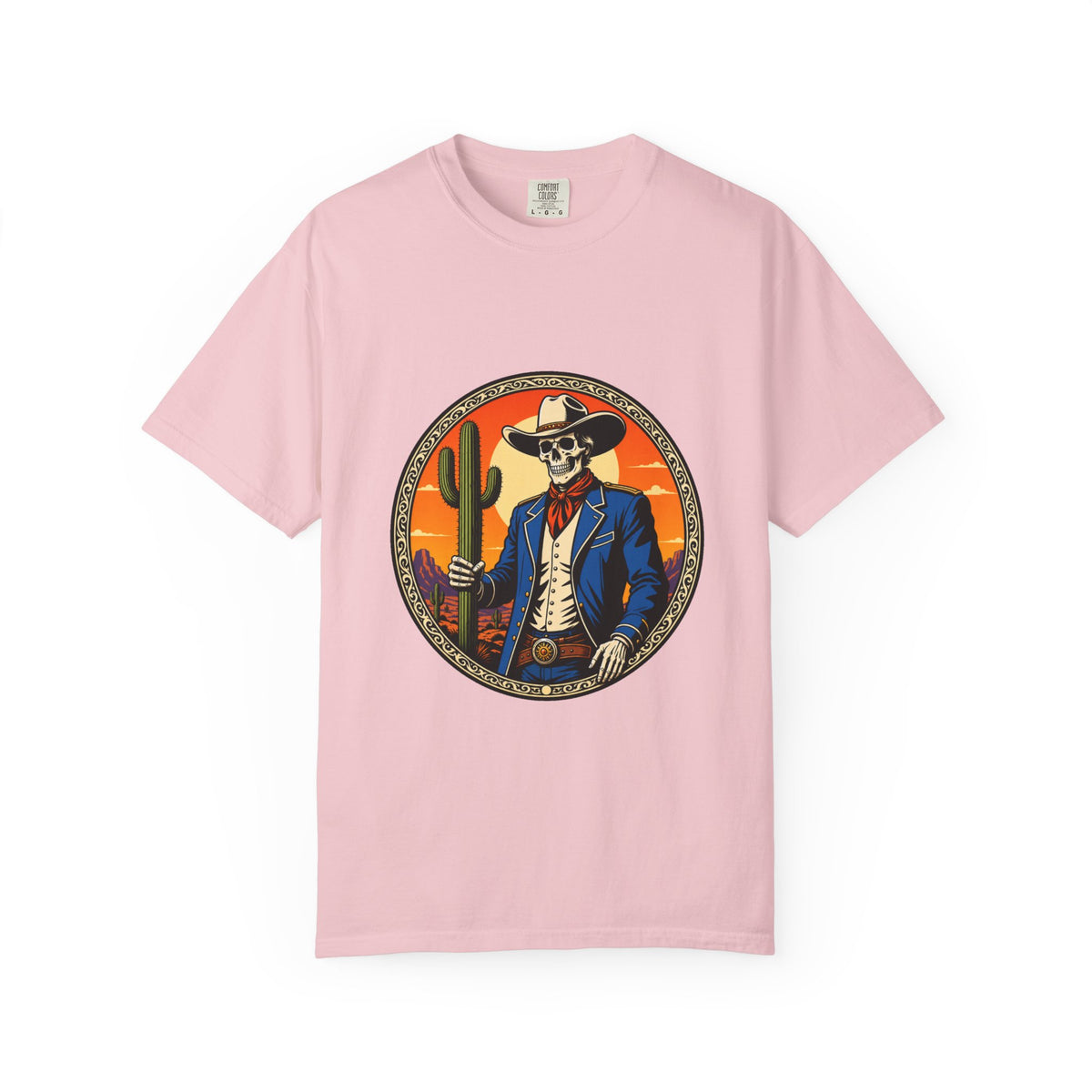Skeleton Cowboy Sunset Emblem T-Shirt Graphic