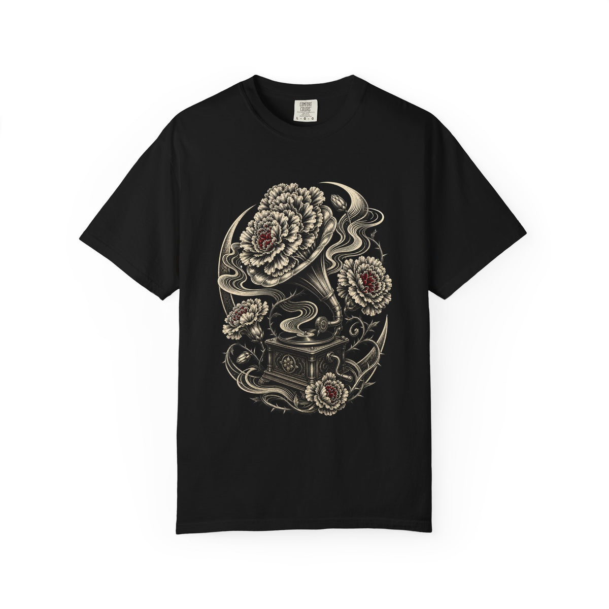 Monochrome Gramophone Carnation T-Shirt Graphic