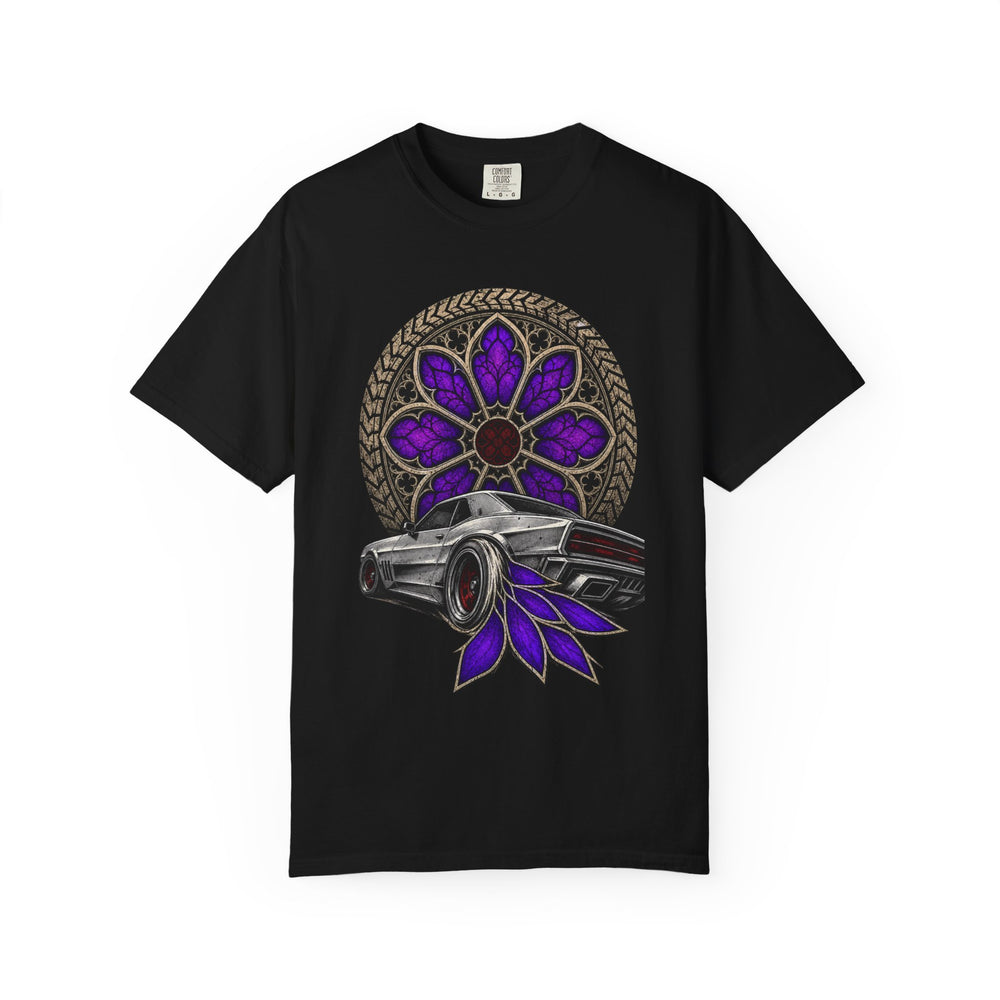 Rose Window Burnout Gothic Muscle Car Graphic Tee graphic on a Black tee