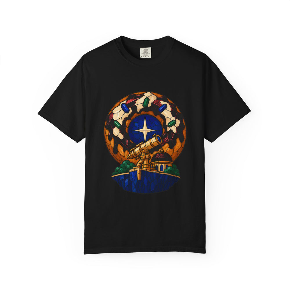 Donut Nebula Observatory Stained Glass Adventure Graphic Tee graphic on a Black tee