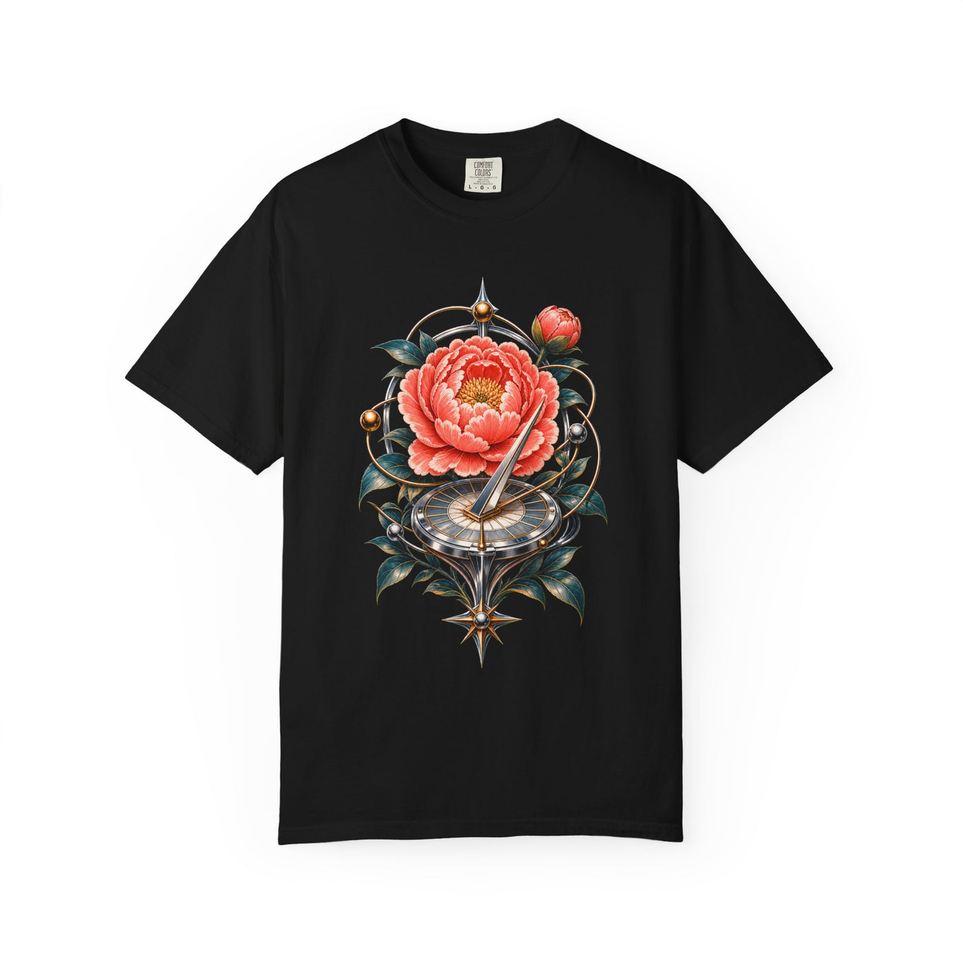 Retro-Futurist Garden Sundial Peony T-Shirt Graphic