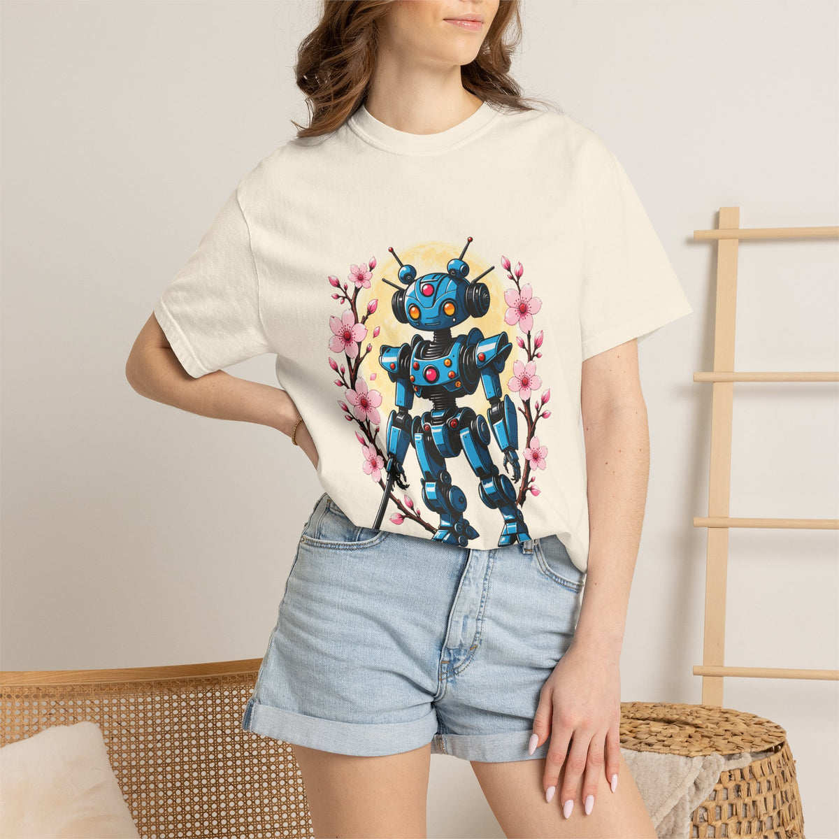 Cherry Blossom Robot Moon T-Shirt Graphic