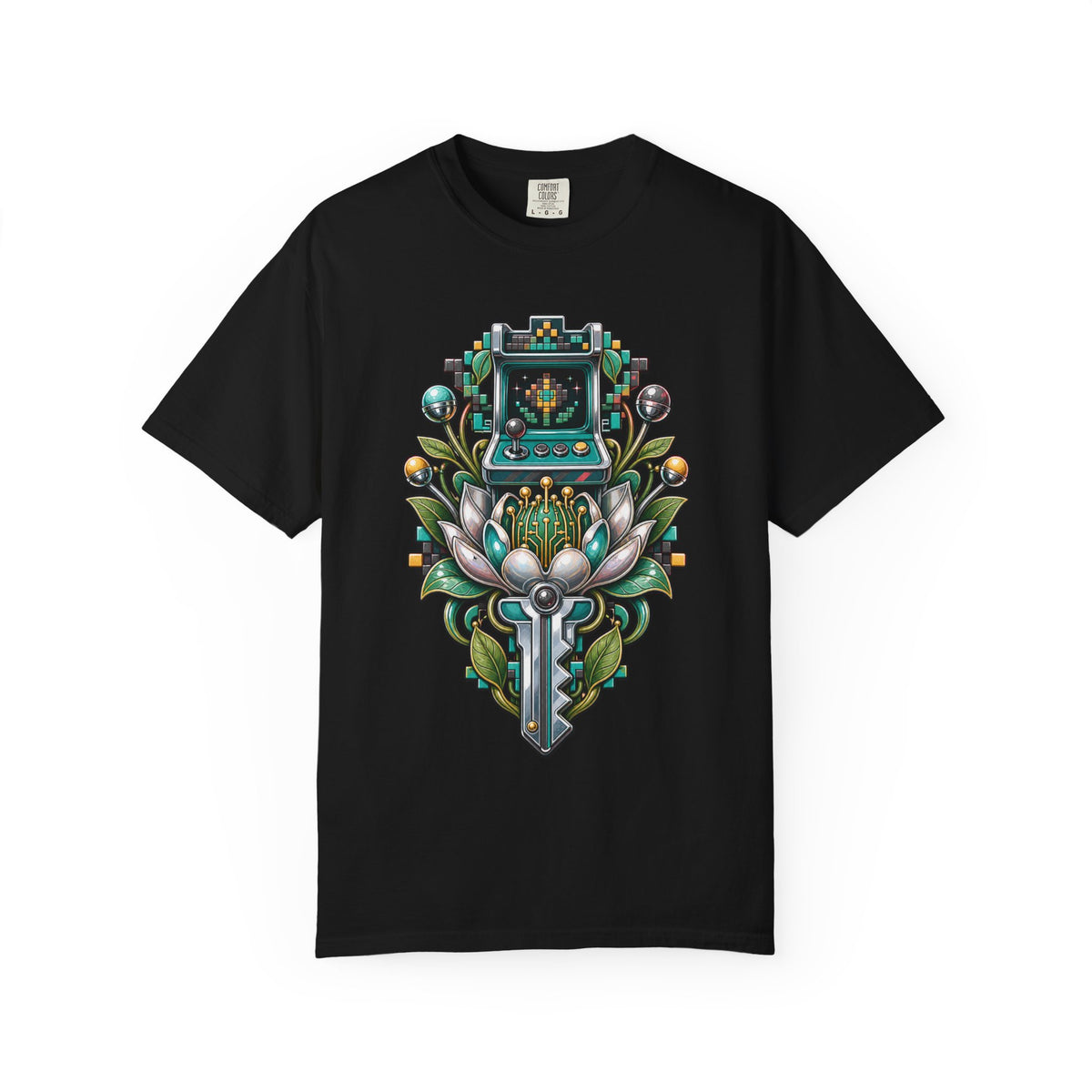 Retro-Futurist Botanical Arcade Key T-Shirt Graphic