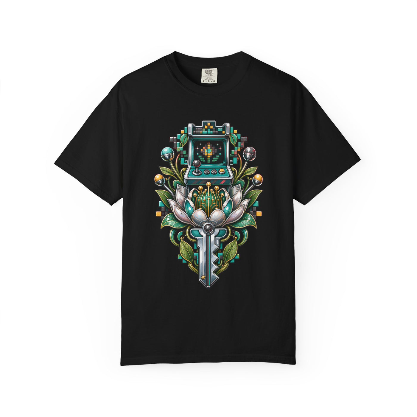 Retro-Futurist Botanical Arcade Key T-Shirt Graphic