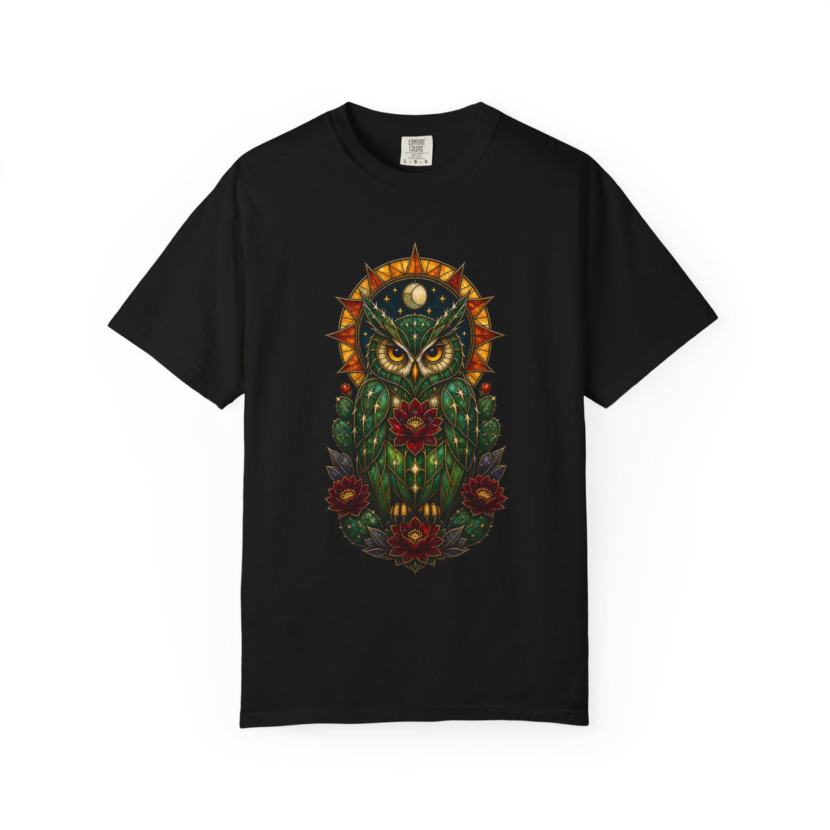 Stained Glass Cactus Owl Graphic Tee