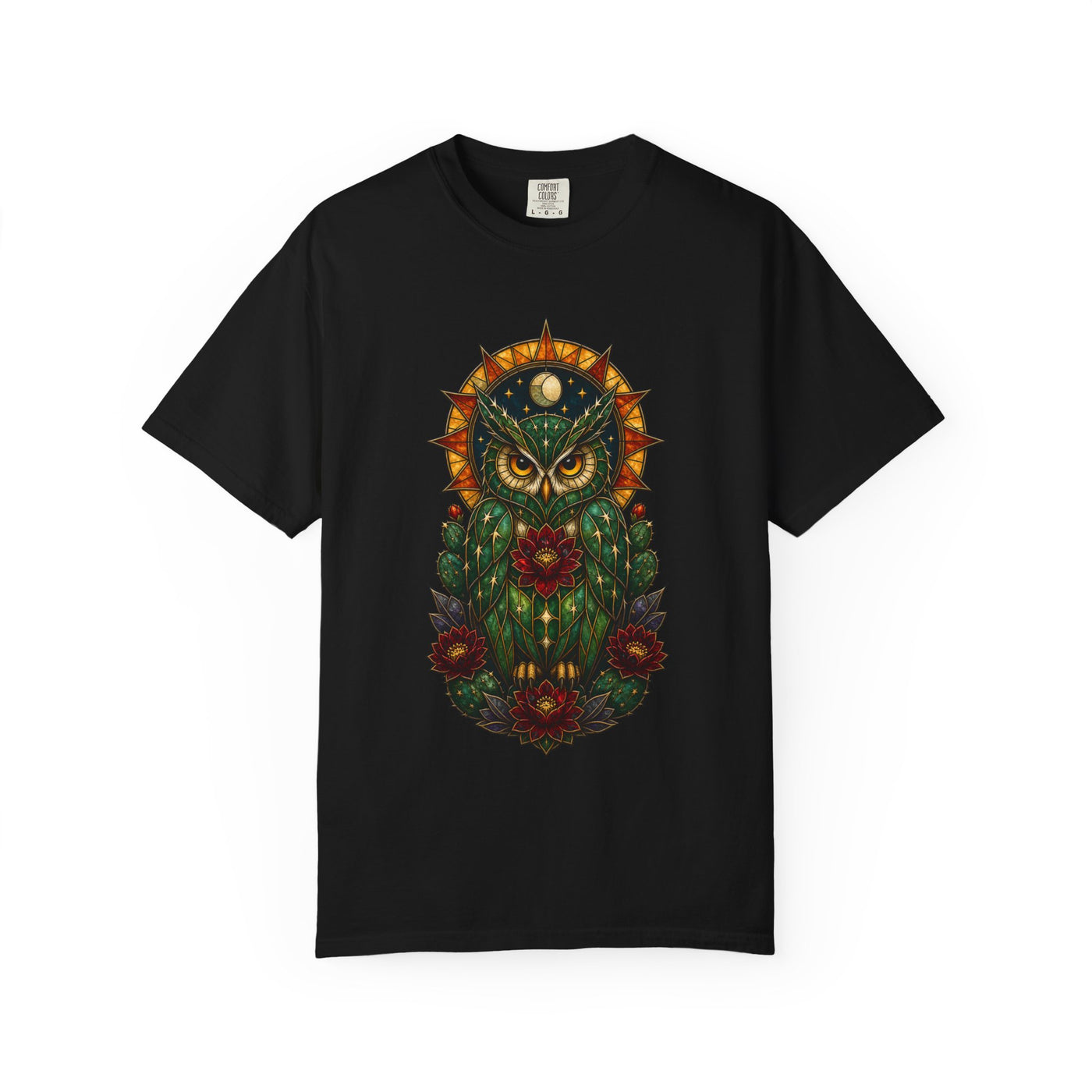 Stained Glass Cactus Owl Graphic Tee