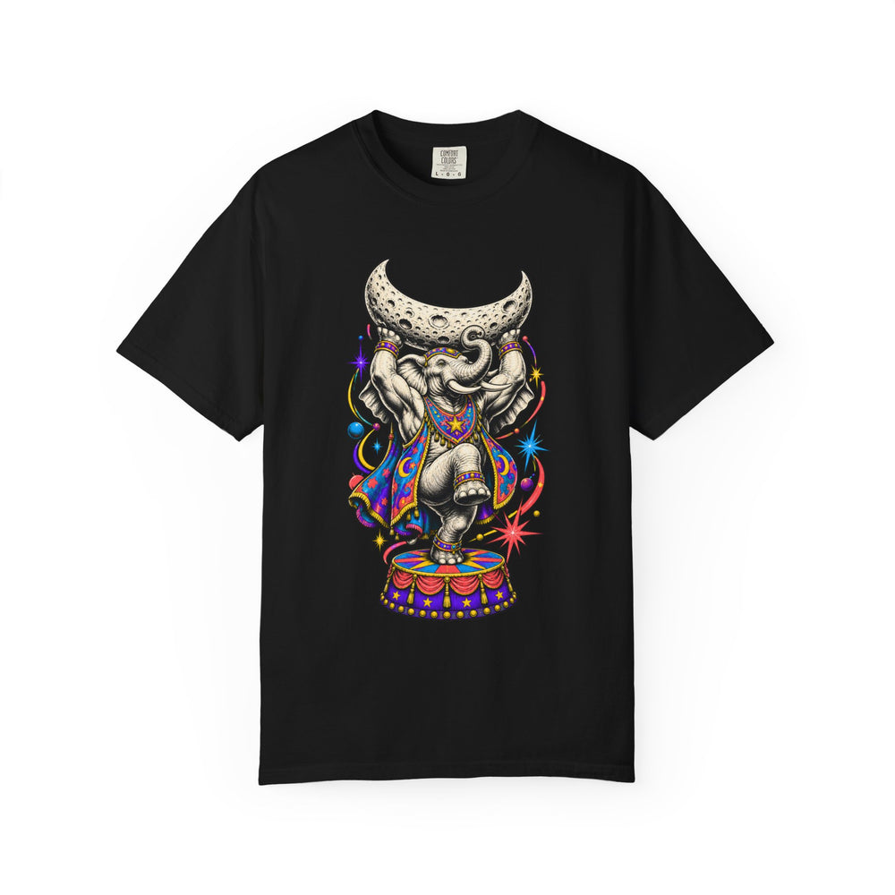 Moonlift Elephant Cosmic Sideshow Graphic Tee graphic on a Black tee