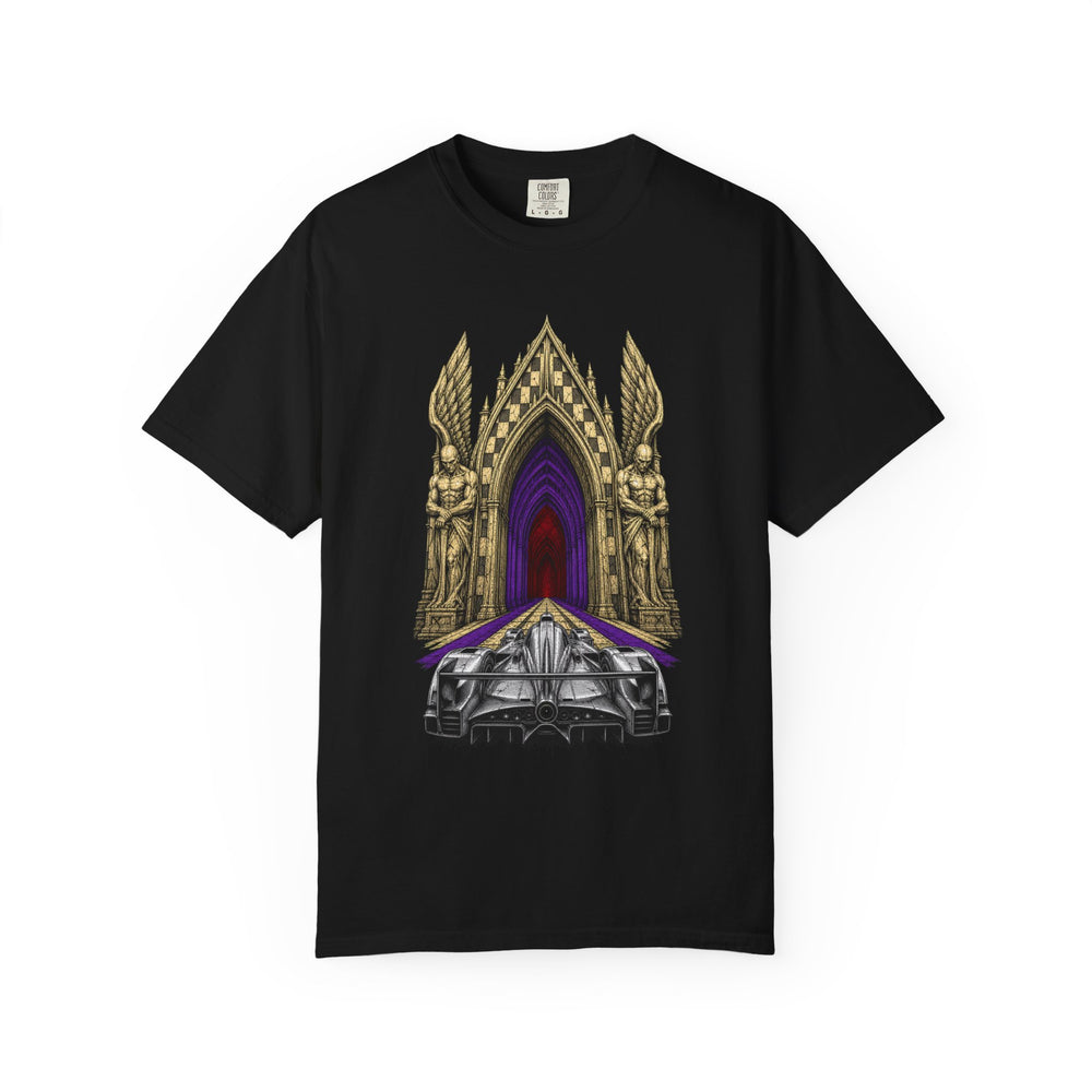 Last Checkered Gate Gothic Endurance Racing Graphic Tee graphic on a Black tee