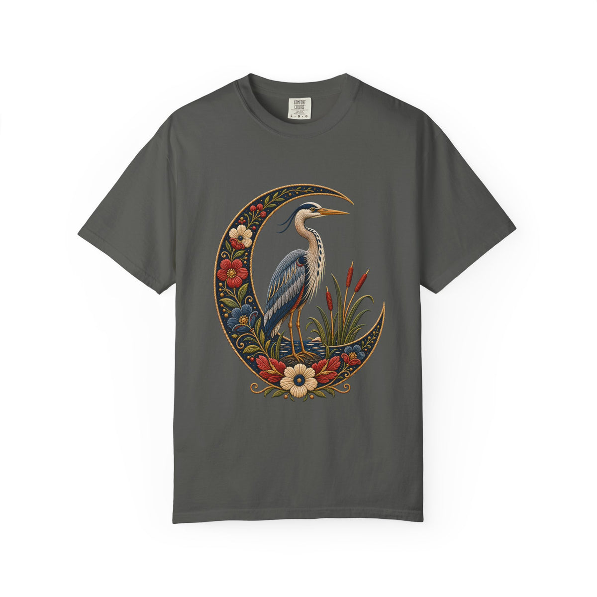 Folk Embroidery Moon Heron T-Shirt Graphic