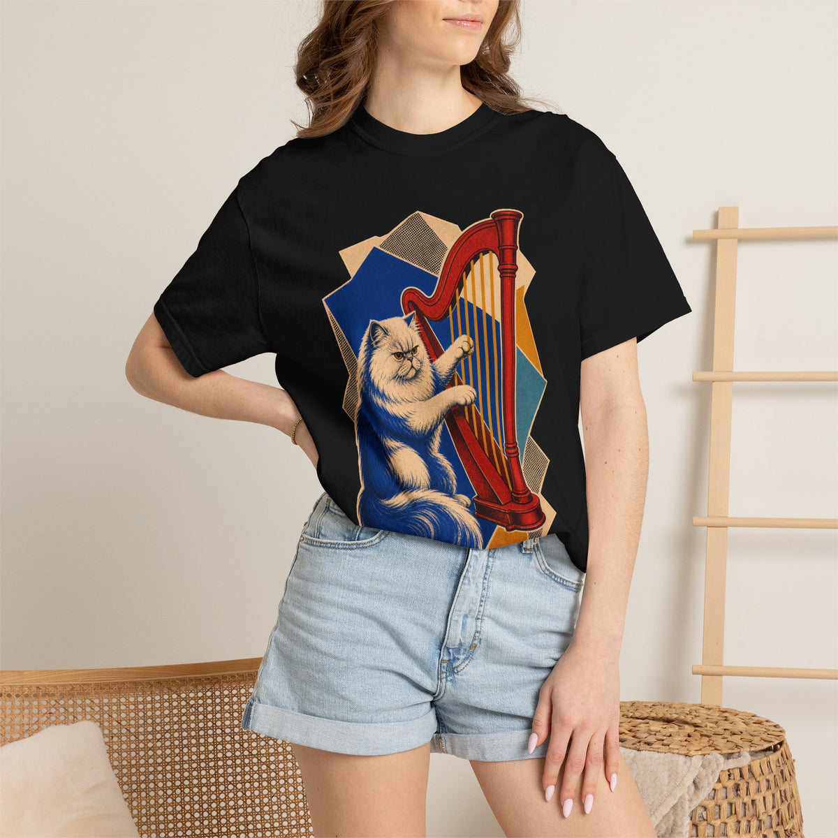 Persian Cat Concert Harp Hard-Bop Collage Graphic Tee