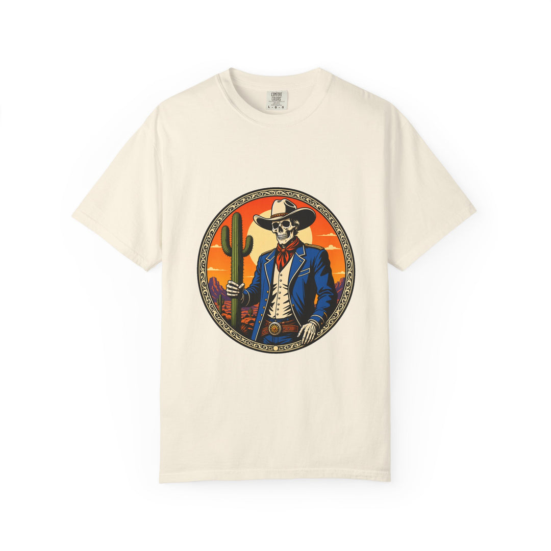 Skeleton Cowboy Sunset Emblem T-Shirt Graphic