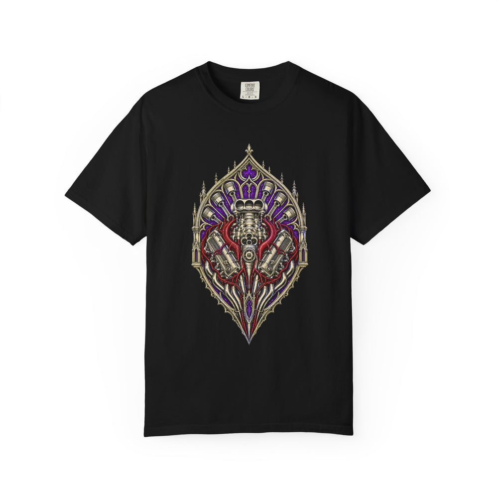 Reliquary V8 Gothic Engine Heart Graphic Tee graphic on a Black tee