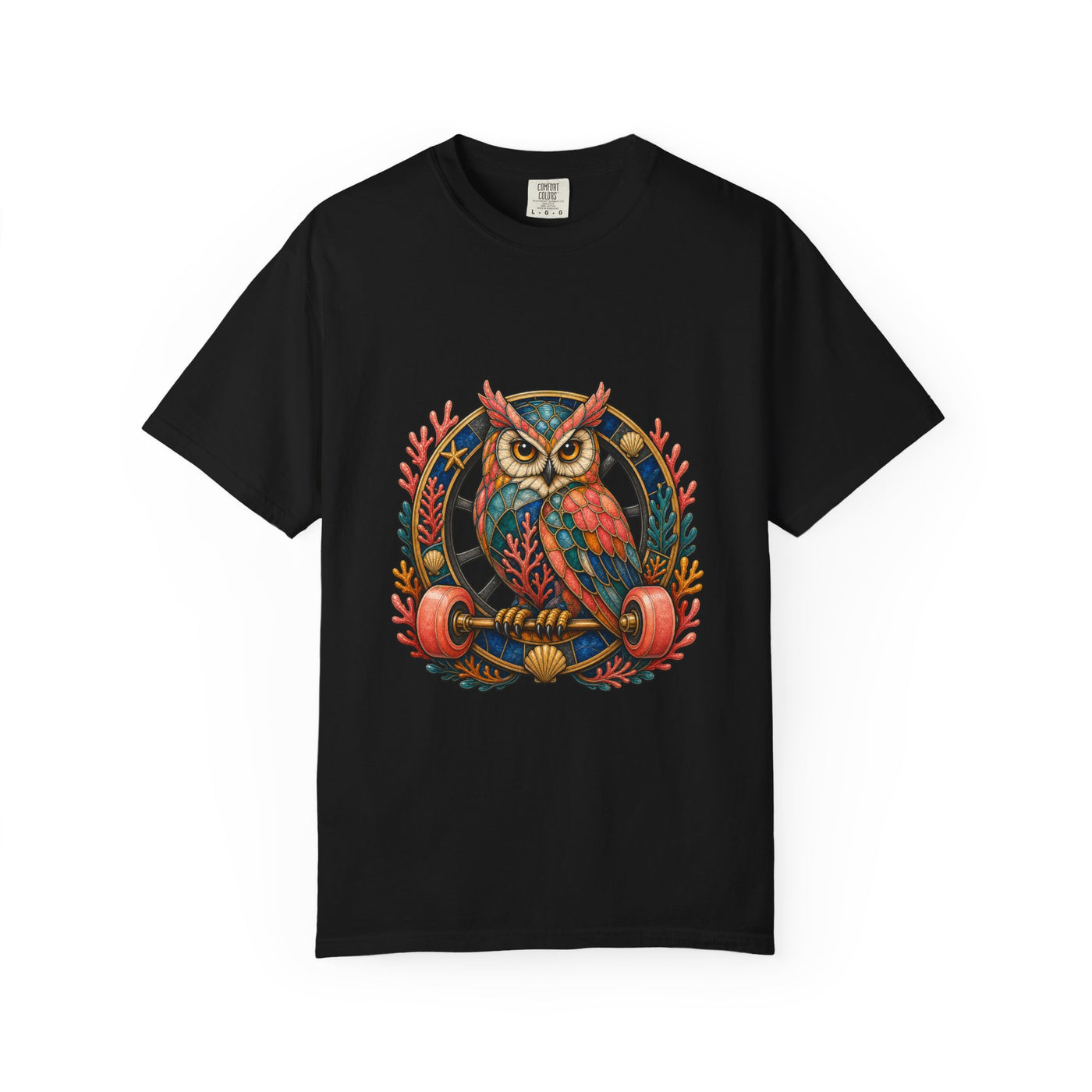 Stained Glass Coral Roller Owl T-Shirt Graphic