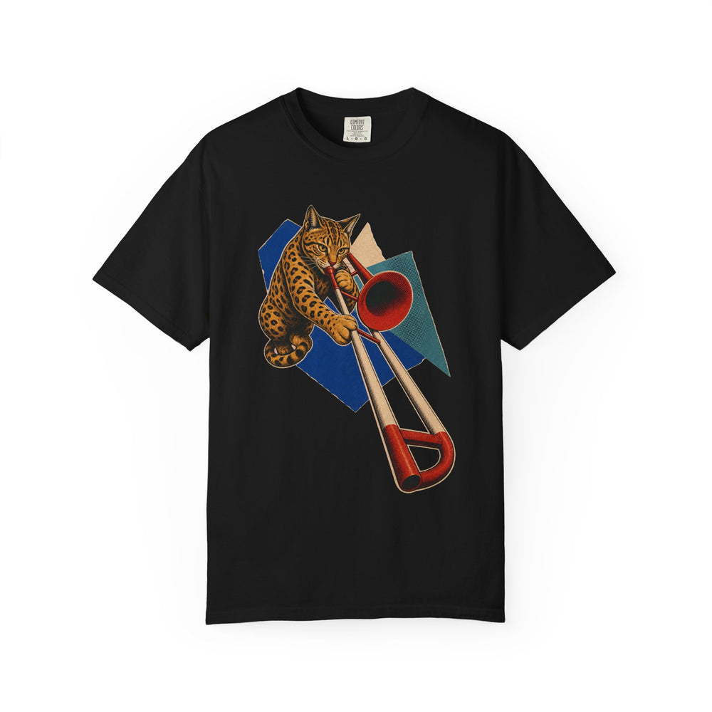 Bengal Trombone Lunge graphic on a Black tee