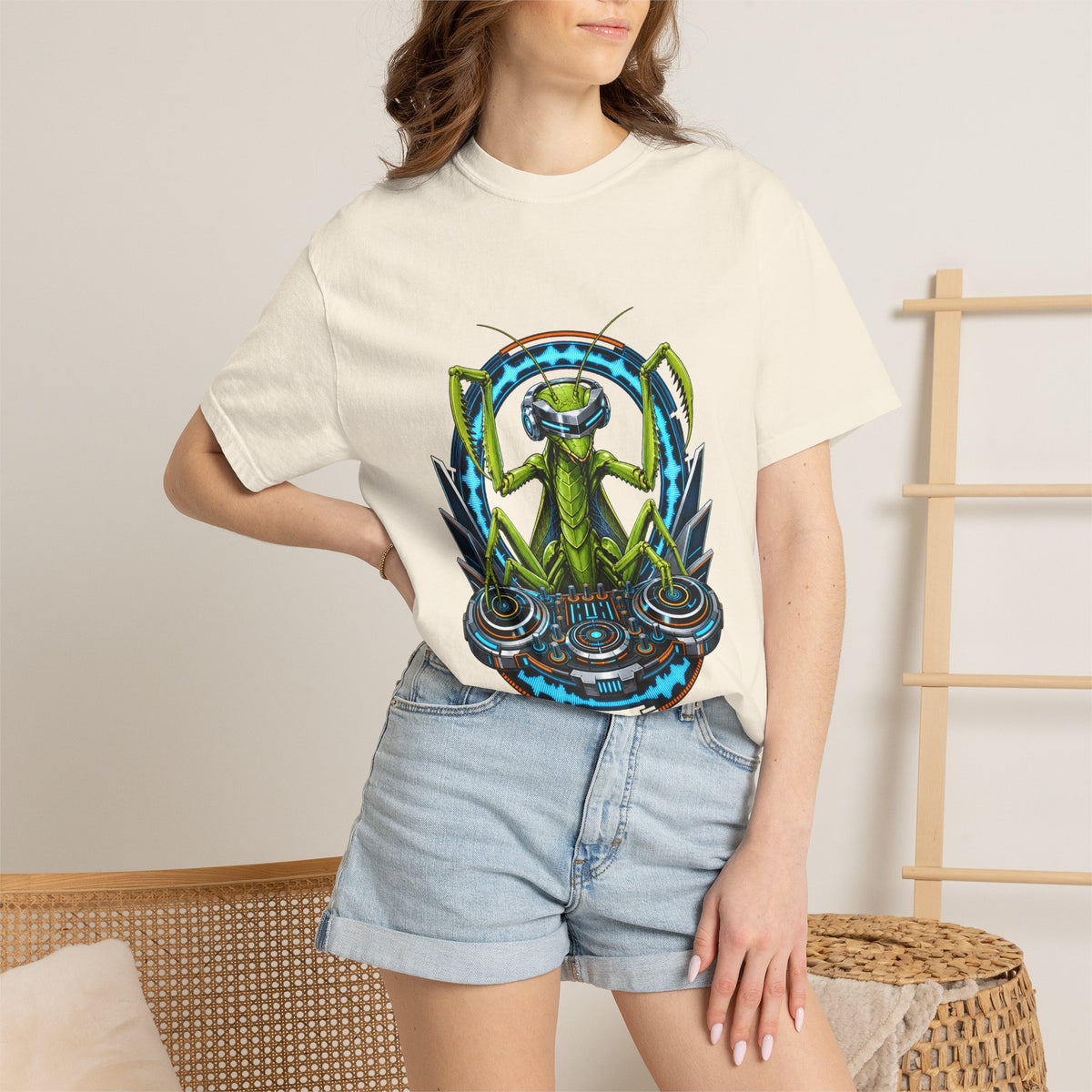 Retro Futurist Praying Mantis DJ Graphic Tee